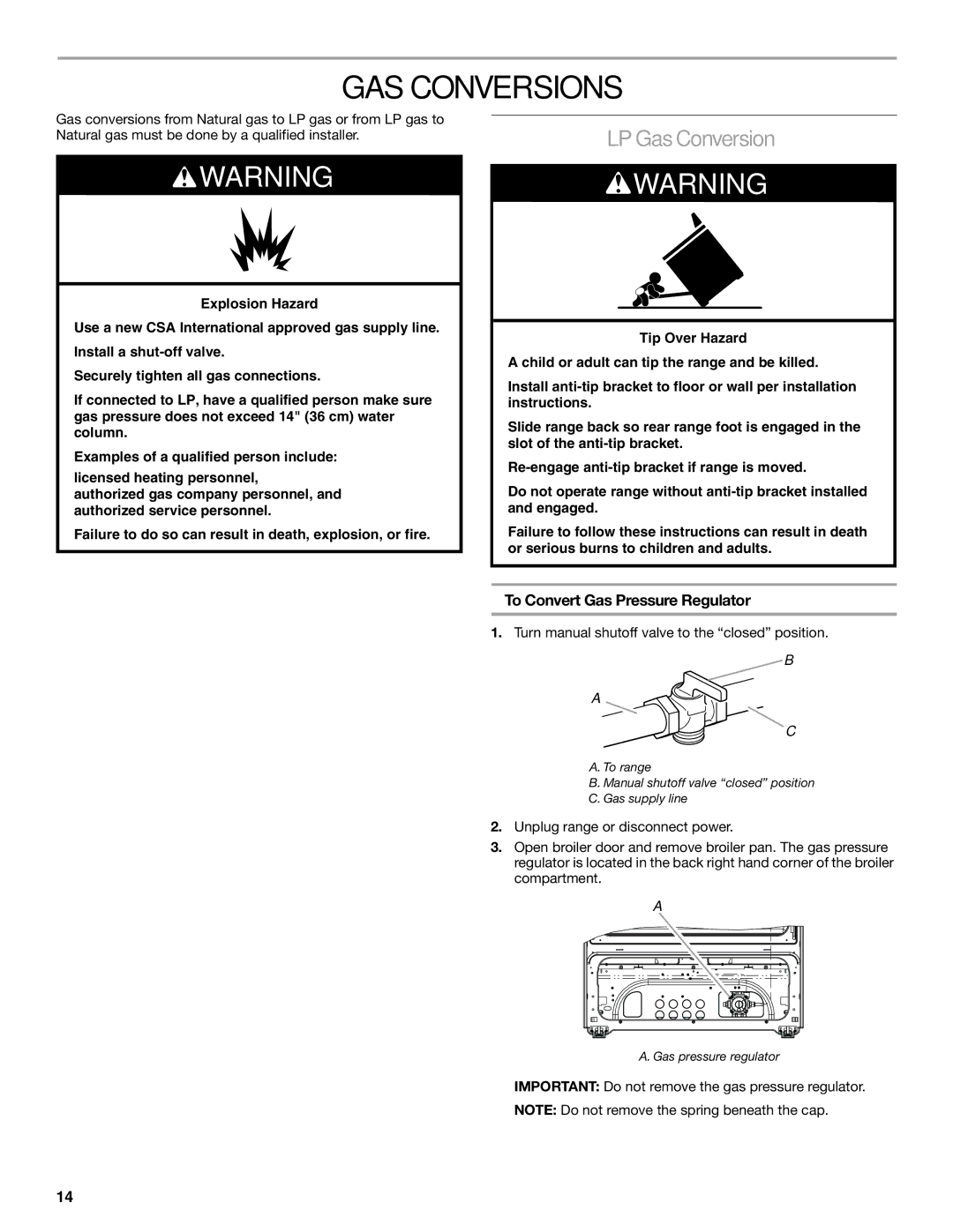 Whirlpool W10533016A installation instructions GAS Conversions, LP Gas Conversion, To Convert Gas Pressure Regulator 