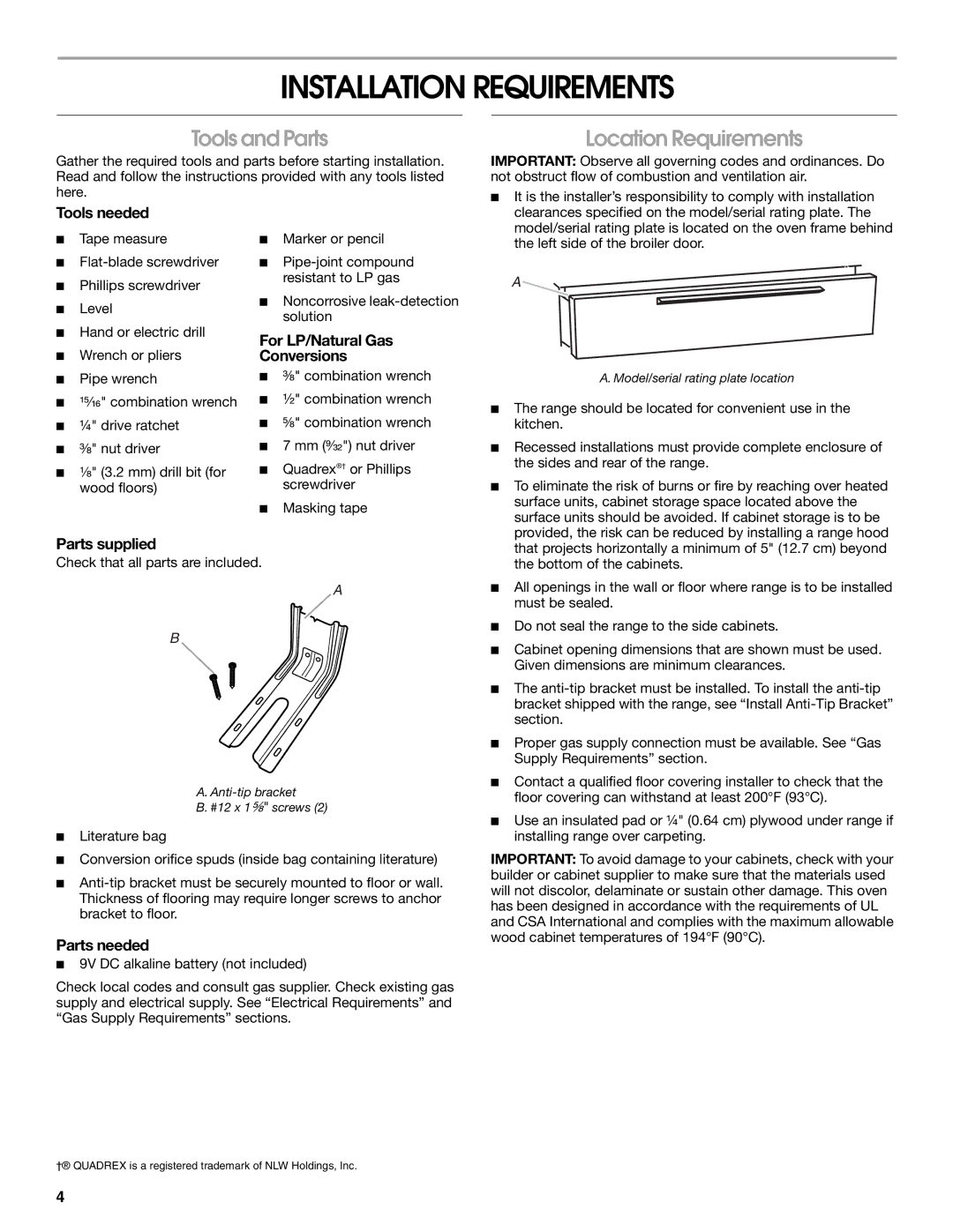 Whirlpool W10533016A installation instructions Installation Requirements, Tools and Parts, Location Requirements 