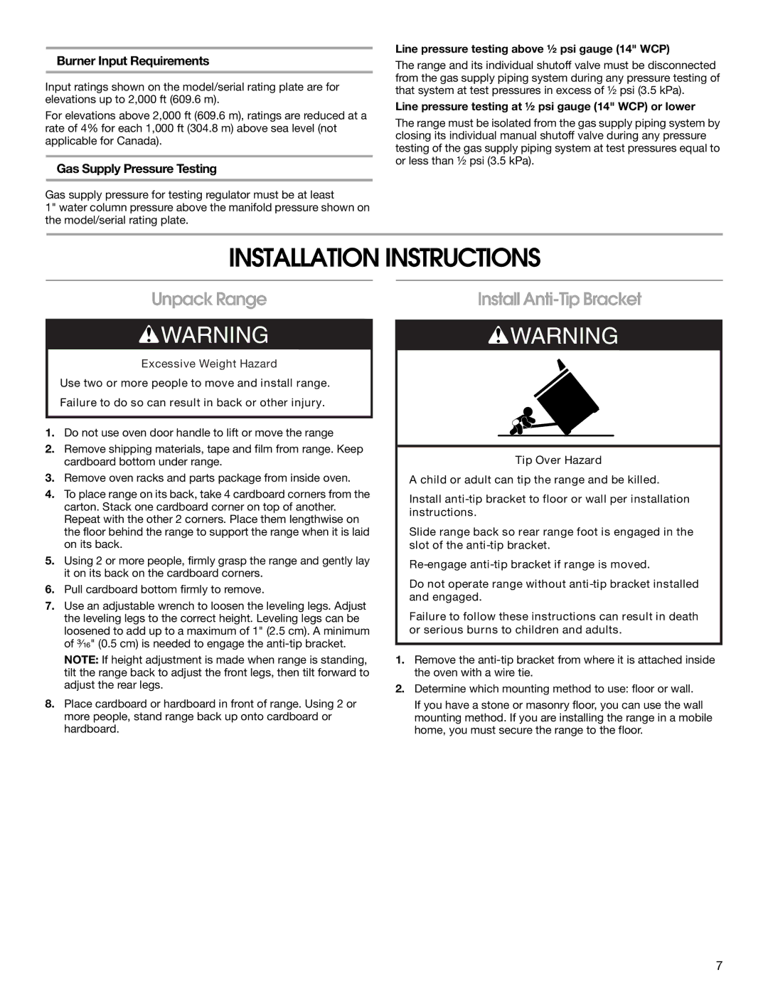 Whirlpool W10533016A Installation Instructions, Unpack Range, Install Anti-Tip Bracket, Burner Input Requirements 