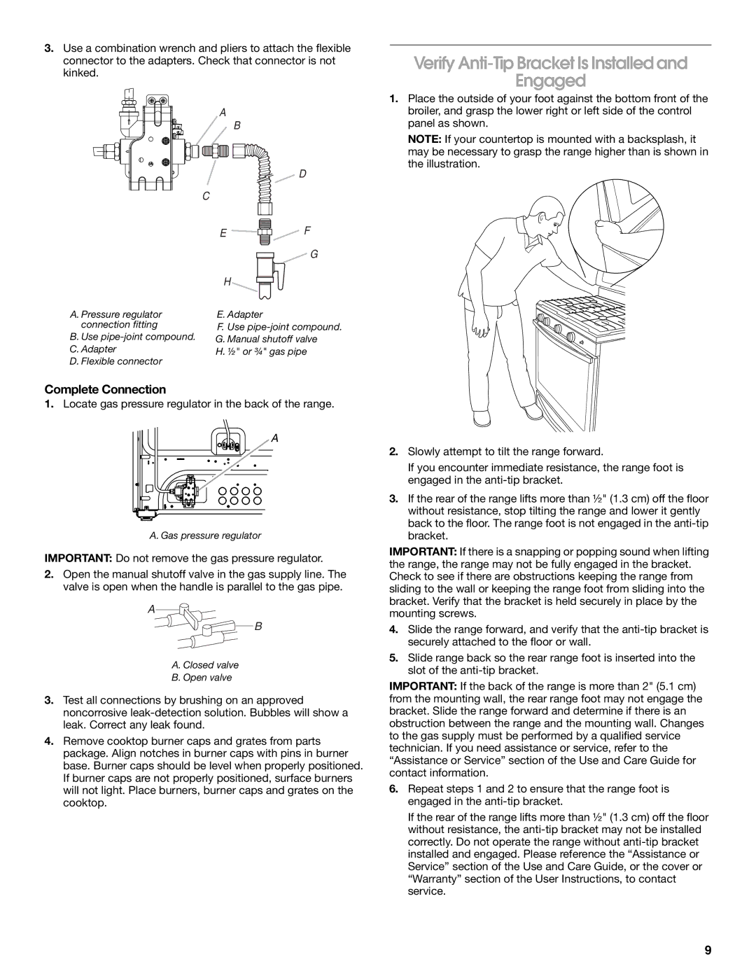 Whirlpool W10533016A installation instructions Verify Anti-Tip Bracket Is Installed Engaged, Complete Connection 