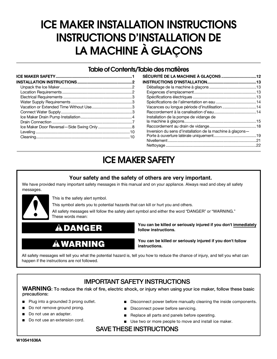 Whirlpool W10541636A important safety instructions ICE Maker Safety, Table of Contents/Table des matières 