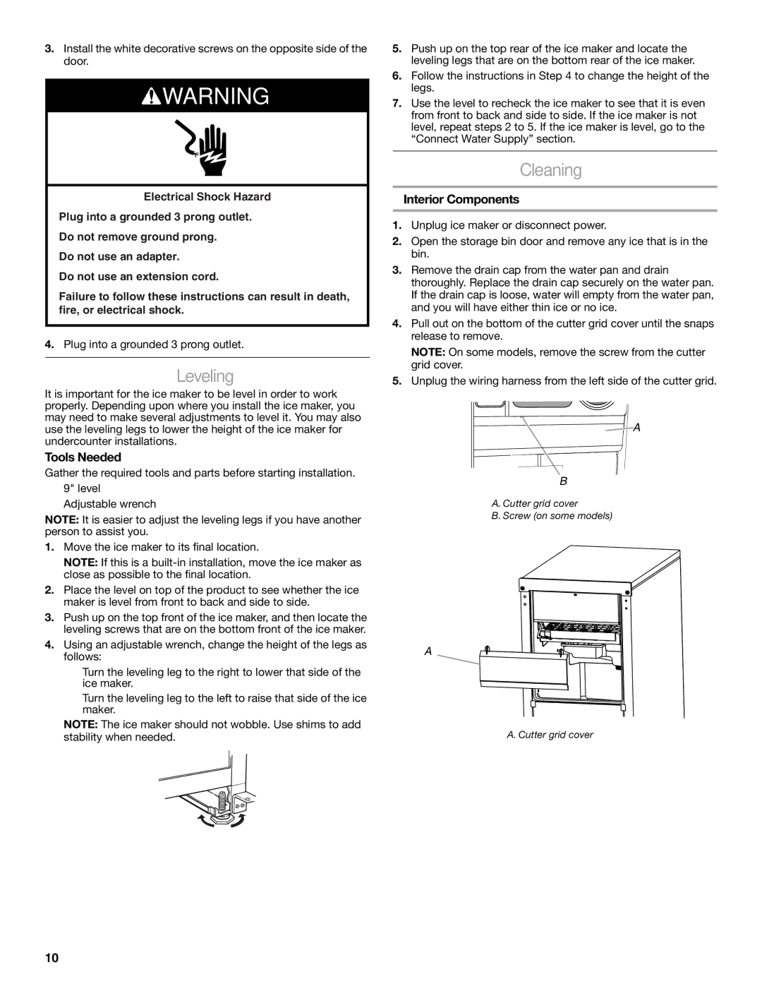 Whirlpool W10541636A important safety instructions Leveling, Cleaning, Interior Components 