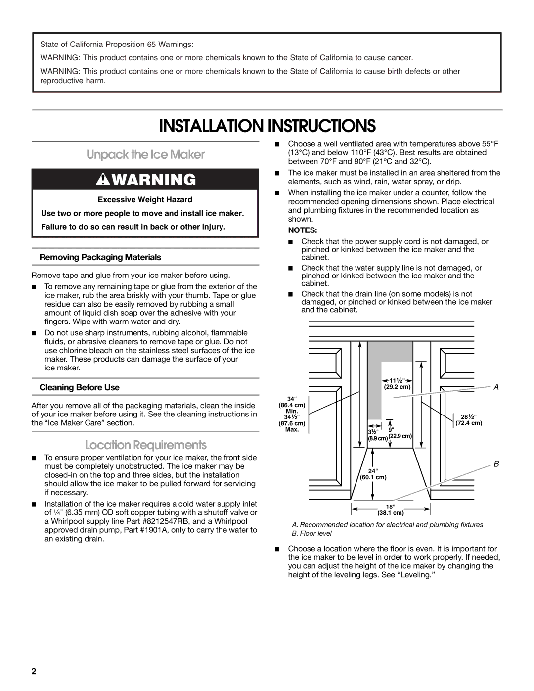 Whirlpool W10541636A Installation Instructions, Unpack the Ice Maker, Location Requirements, Removing Packaging Materials 