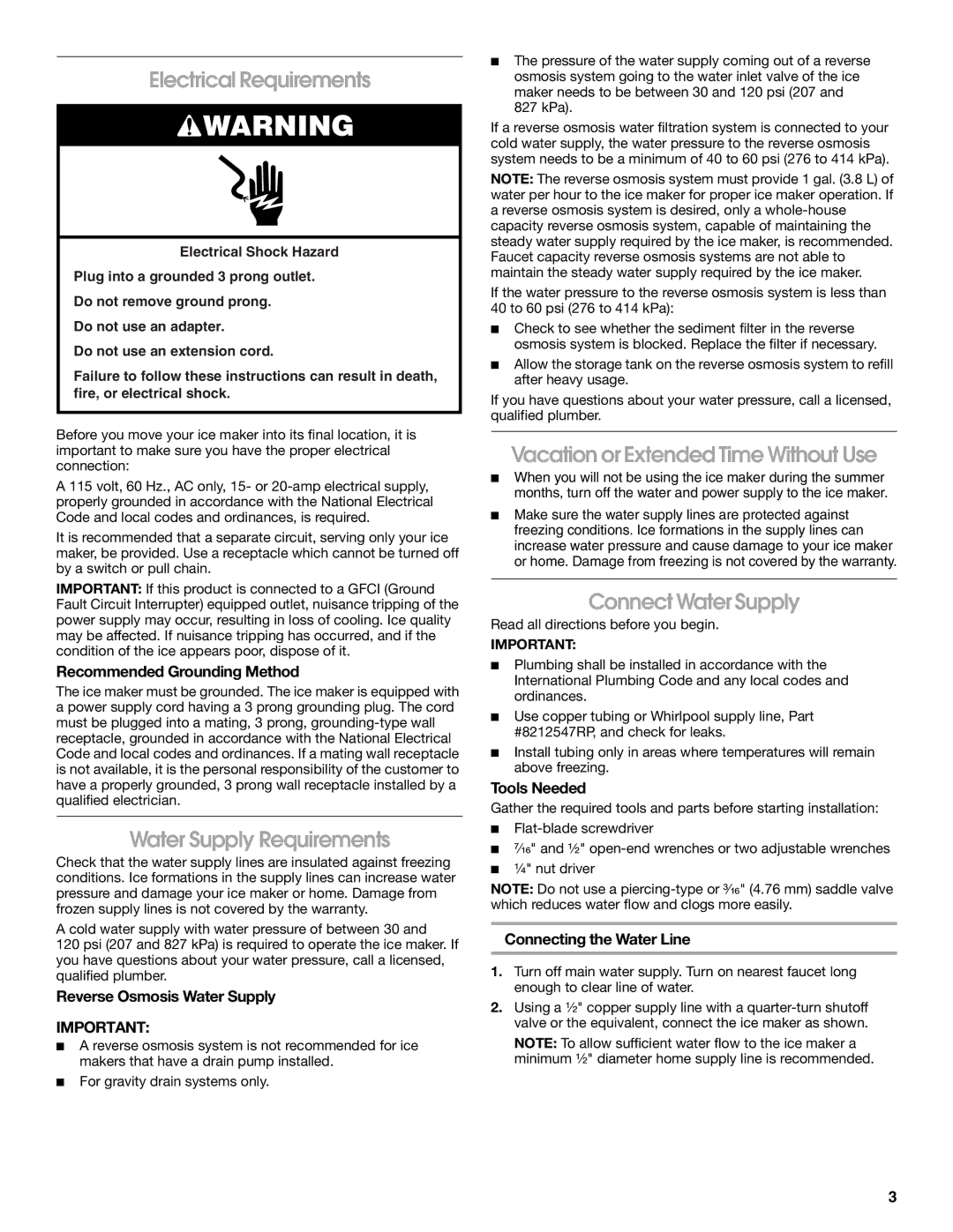 Whirlpool W10541636A Electrical Requirements, Water Supply Requirements, Vacation or Extended Time Without Use 