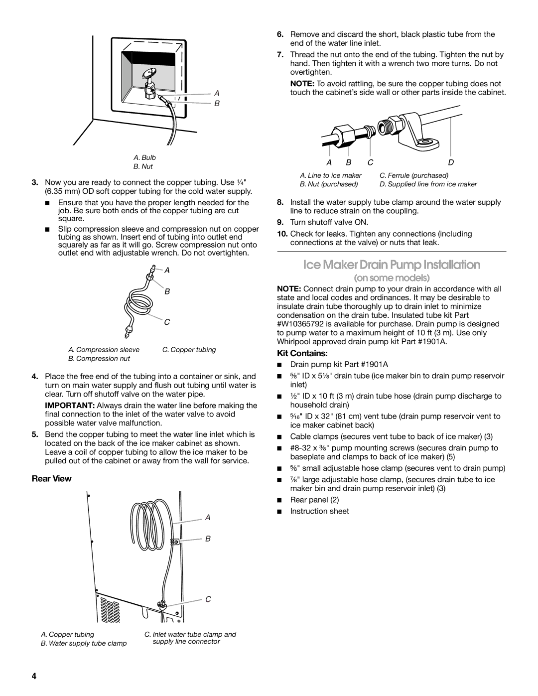 Whirlpool W10541636A important safety instructions Ice Maker Drain Pump Installation, Rear View, Kit Contains 