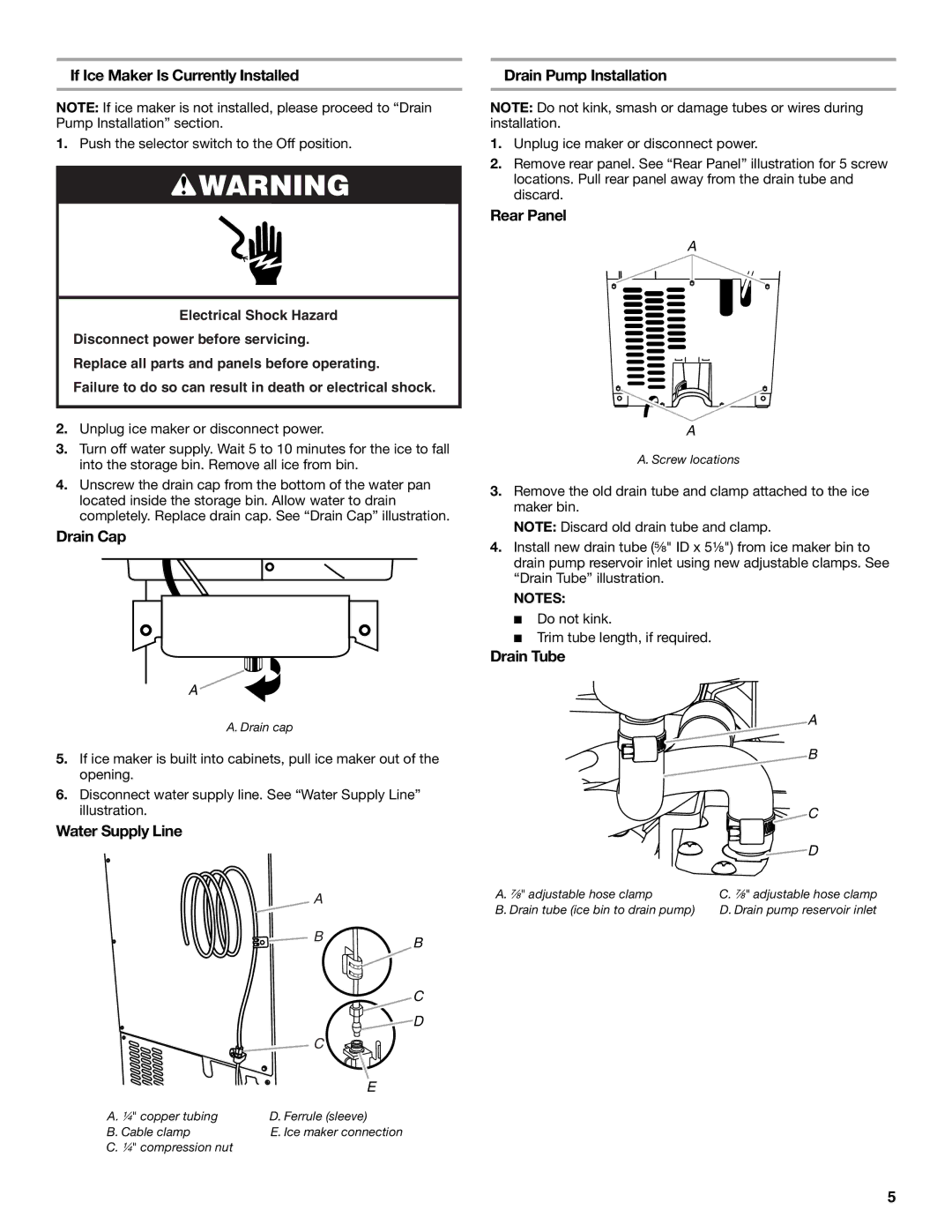 Whirlpool W10541636A If Ice Maker Is Currently Installed, Drain Cap, Water Supply Line, Drain Pump Installation 