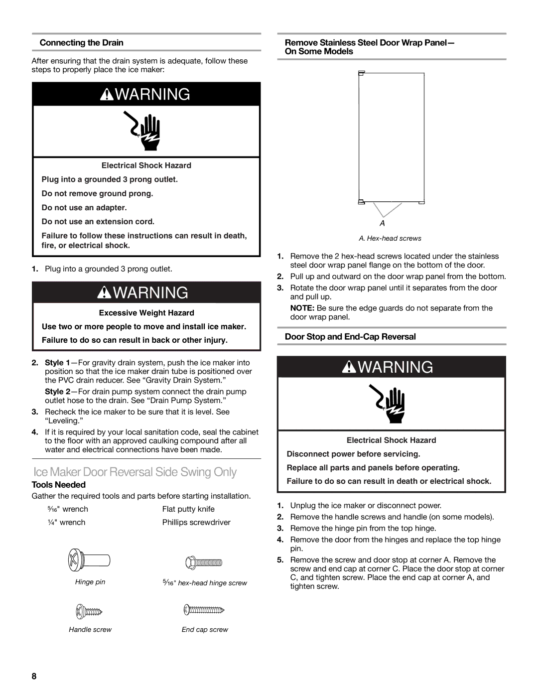 Whirlpool W10541636A Ice Maker Door Reversal-Side Swing Only, Connecting the Drain, On Some Models 