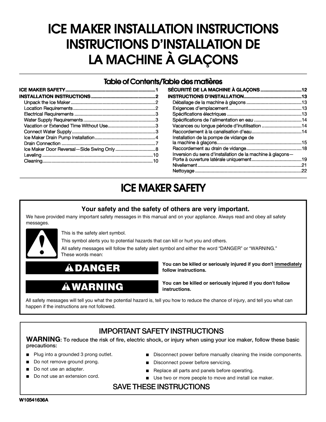 Whirlpool W10541636A important safety instructions Ice Maker Safety, Danger, Table of Contents/Table des matières 