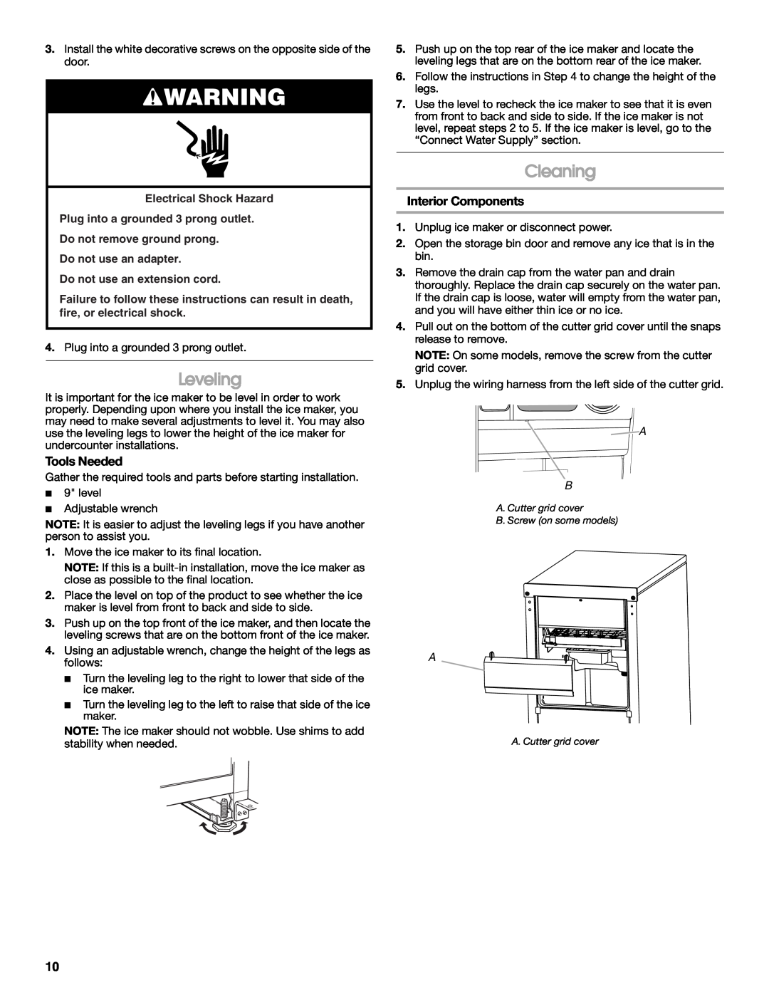 Whirlpool W10541636A Leveling, Cleaning, Interior Components, Tools Needed, Do not use an extension cord 