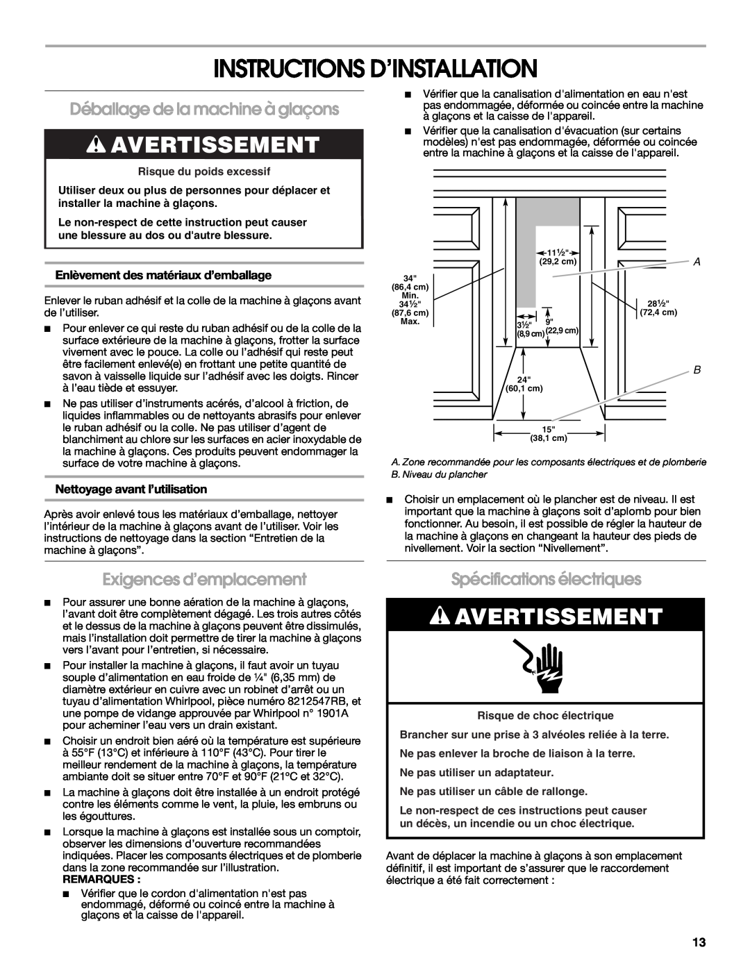 Whirlpool W10541636A Instructions D’Installation, Avertissement, Déballage de la machine à glaçons, Remarques 