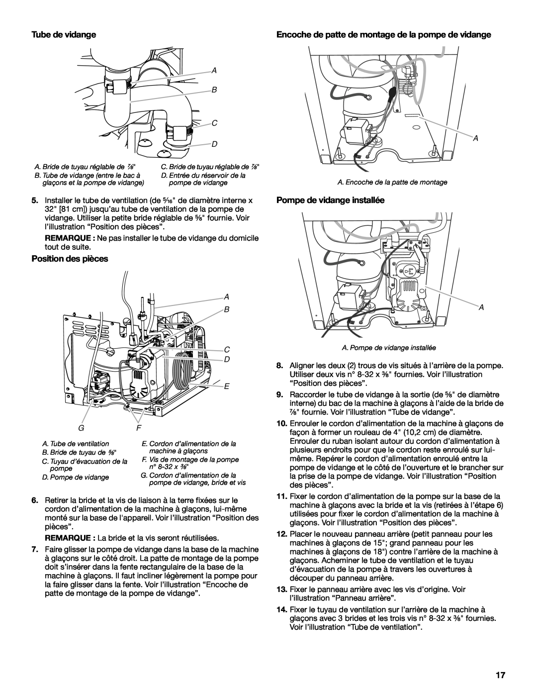 Whirlpool W10541636A important safety instructions Position des pièces, Tube de vidange, Pompe de vidange installée 