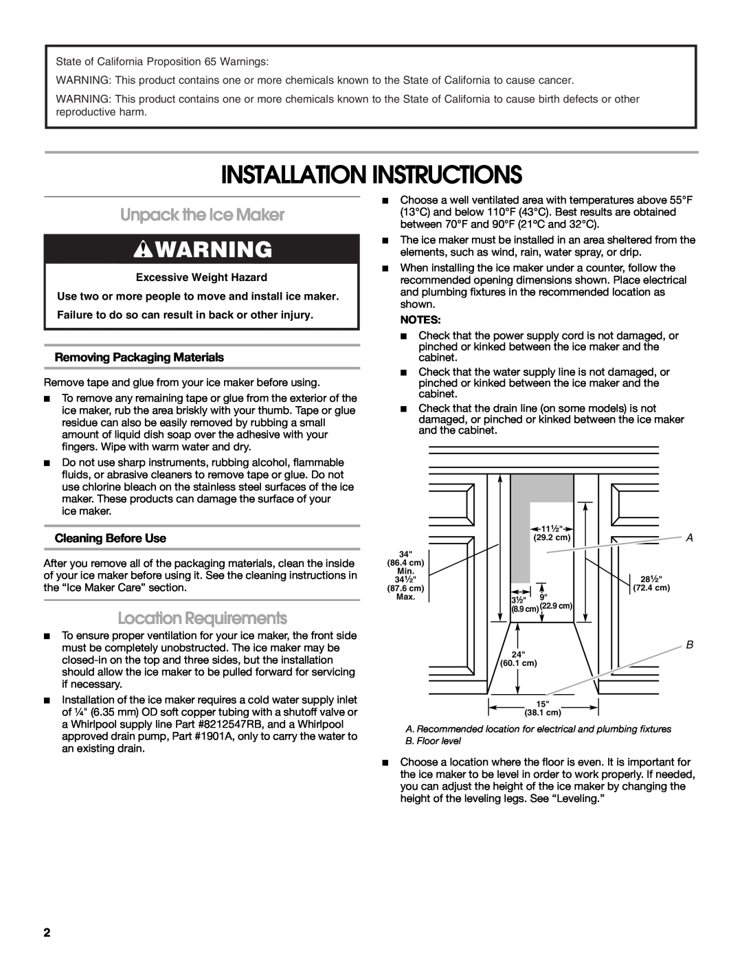 Whirlpool W10541636A Installation Instructions, Unpack the Ice Maker, Location Requirements, Removing Packaging Materials 