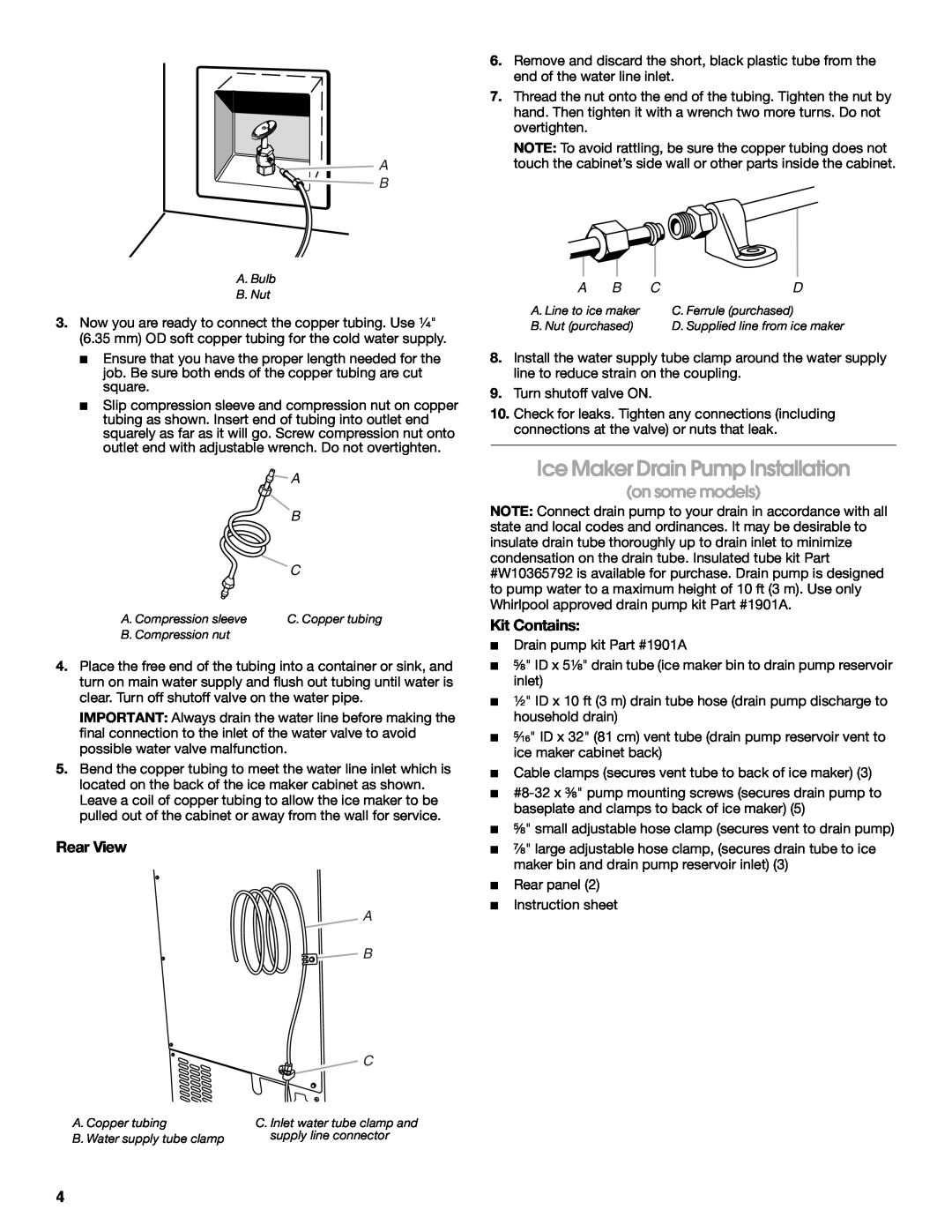 Whirlpool W10541636A Ice Maker Drain Pump Installation, on some models, Rear View, Kit Contains, A B C 