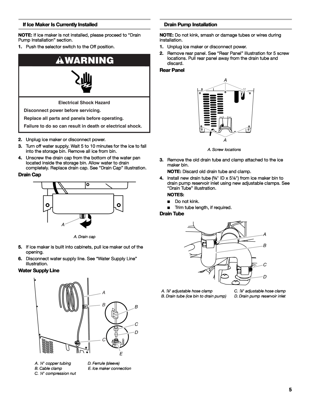Whirlpool W10541636A If Ice Maker Is Currently Installed, Drain Cap, Water Supply Line, Drain Pump Installation 