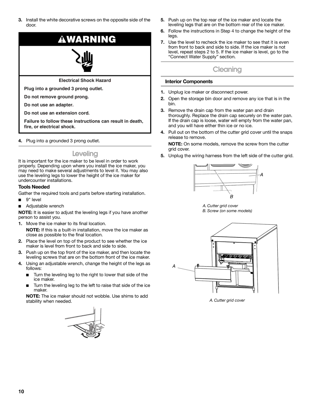 Whirlpool W10541636B important safety instructions Leveling, Cleaning, Interior Components 