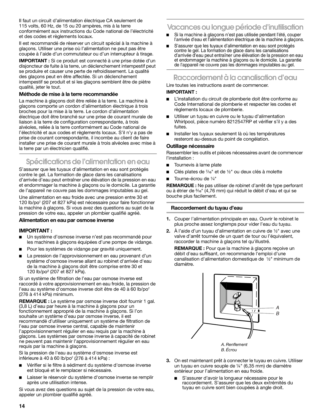 Whirlpool W10541636B Spécifications de l’alimentation en eau, Vacances ou longue période d’inutilisation 