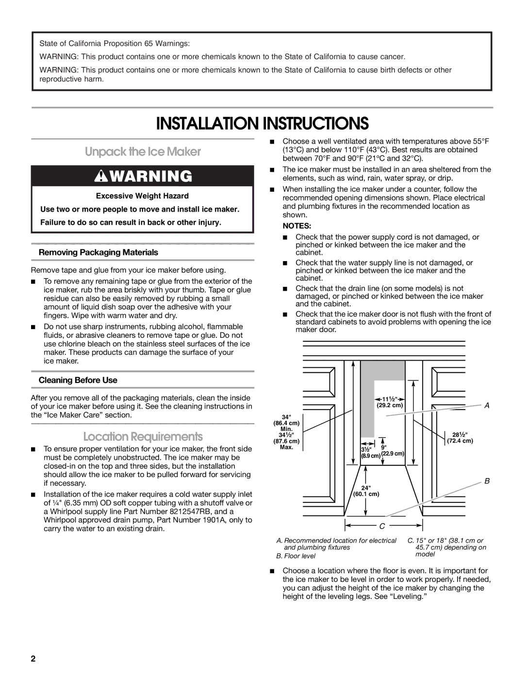 Whirlpool W10541636B Installation Instructions, Unpack the Ice Maker, Location Requirements, Removing Packaging Materials 