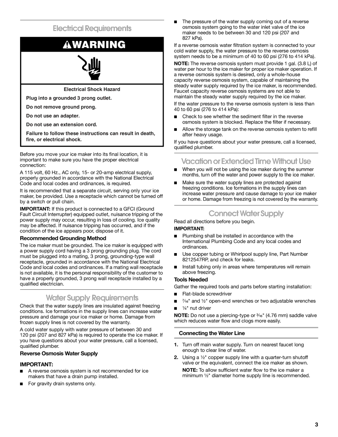 Whirlpool W10541636B Electrical Requirements, Water Supply Requirements, Vacation or Extended Time Without Use 