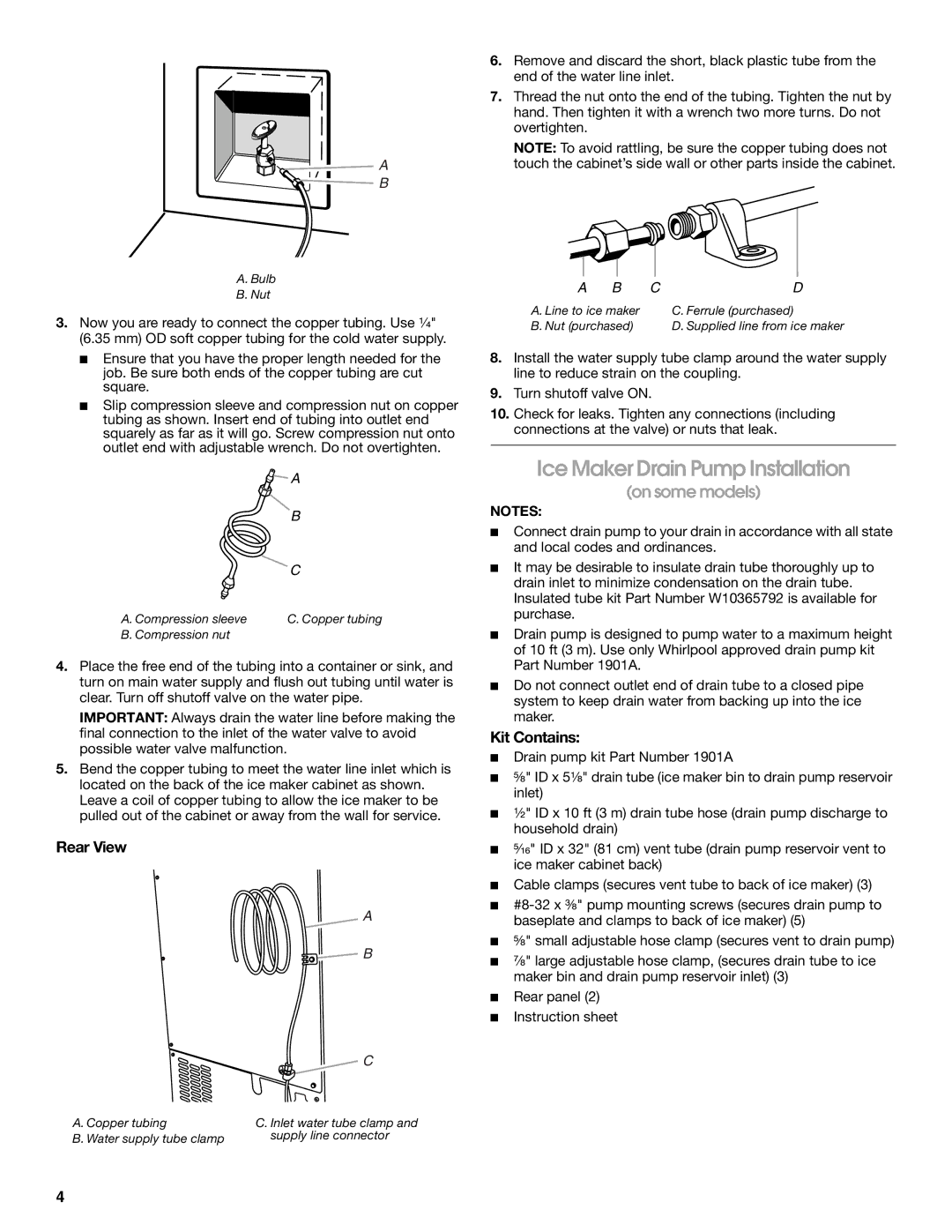 Whirlpool W10541636B important safety instructions Ice Maker Drain Pump Installation, Rear View, Kit Contains 