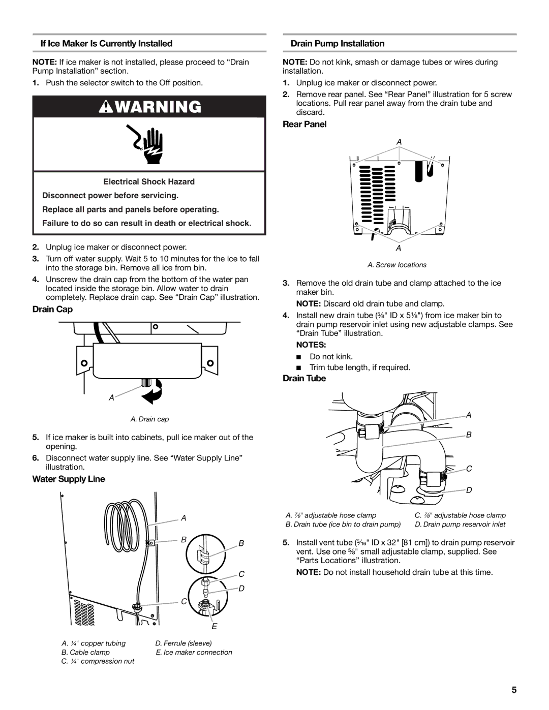 Whirlpool W10541636B If Ice Maker Is Currently Installed, Drain Cap, Water Supply Line, Drain Pump Installation 