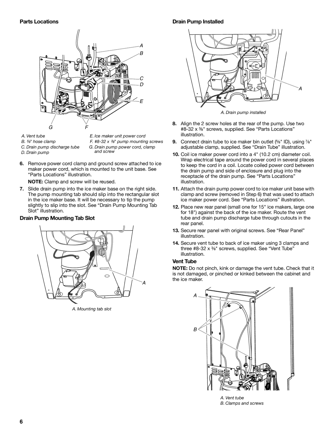 Whirlpool W10541636B important safety instructions Drain Pump Mounting Tab Slot, Vent Tube 