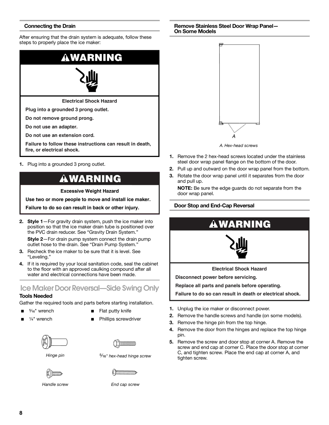 Whirlpool W10541636B Ice Maker Door Reversal-Side Swing Only, Connecting the Drain, On Some Models 