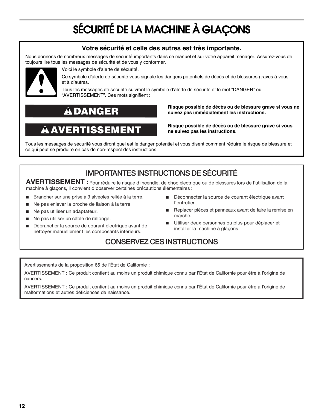 Whirlpool W10541636B Sécurité De La Machine À Glaçons, Danger Avertissement, Importantes Instructions De Sécurité 