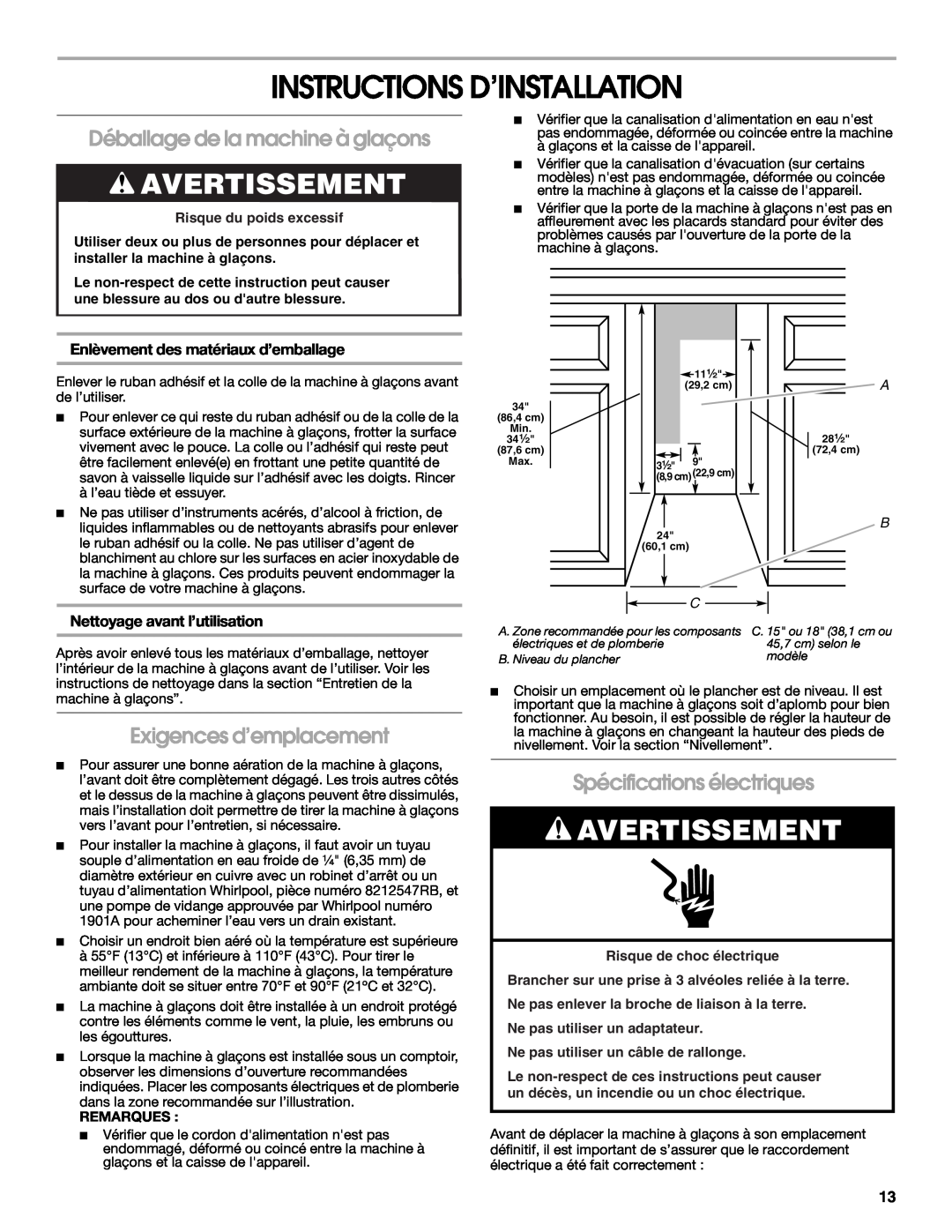 Whirlpool W10541636B Instructions D’Installation, Avertissement, Déballage de la machine à glaçons, Remarques 