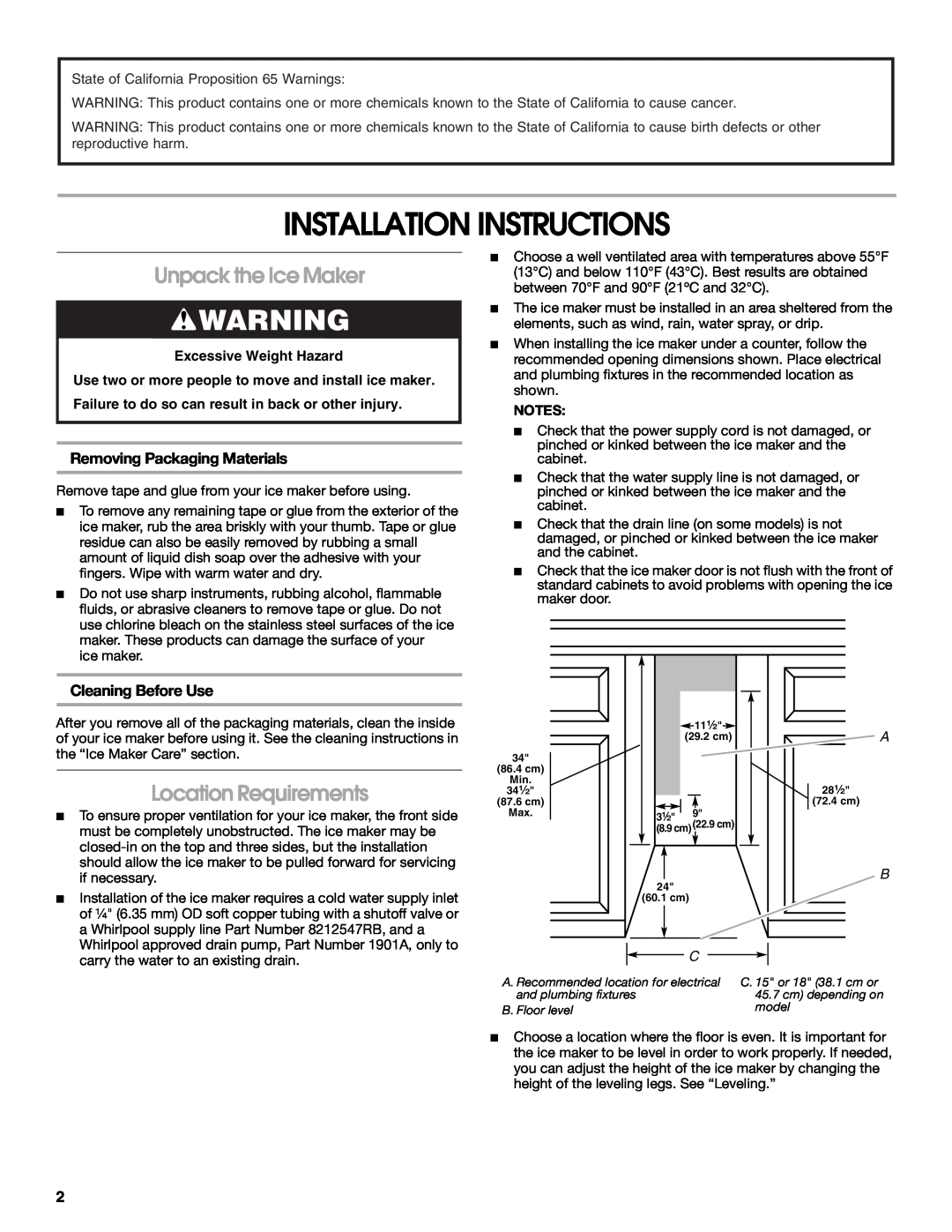 Whirlpool W10541636B Installation Instructions, Unpack the Ice Maker, Location Requirements, Removing Packaging Materials 