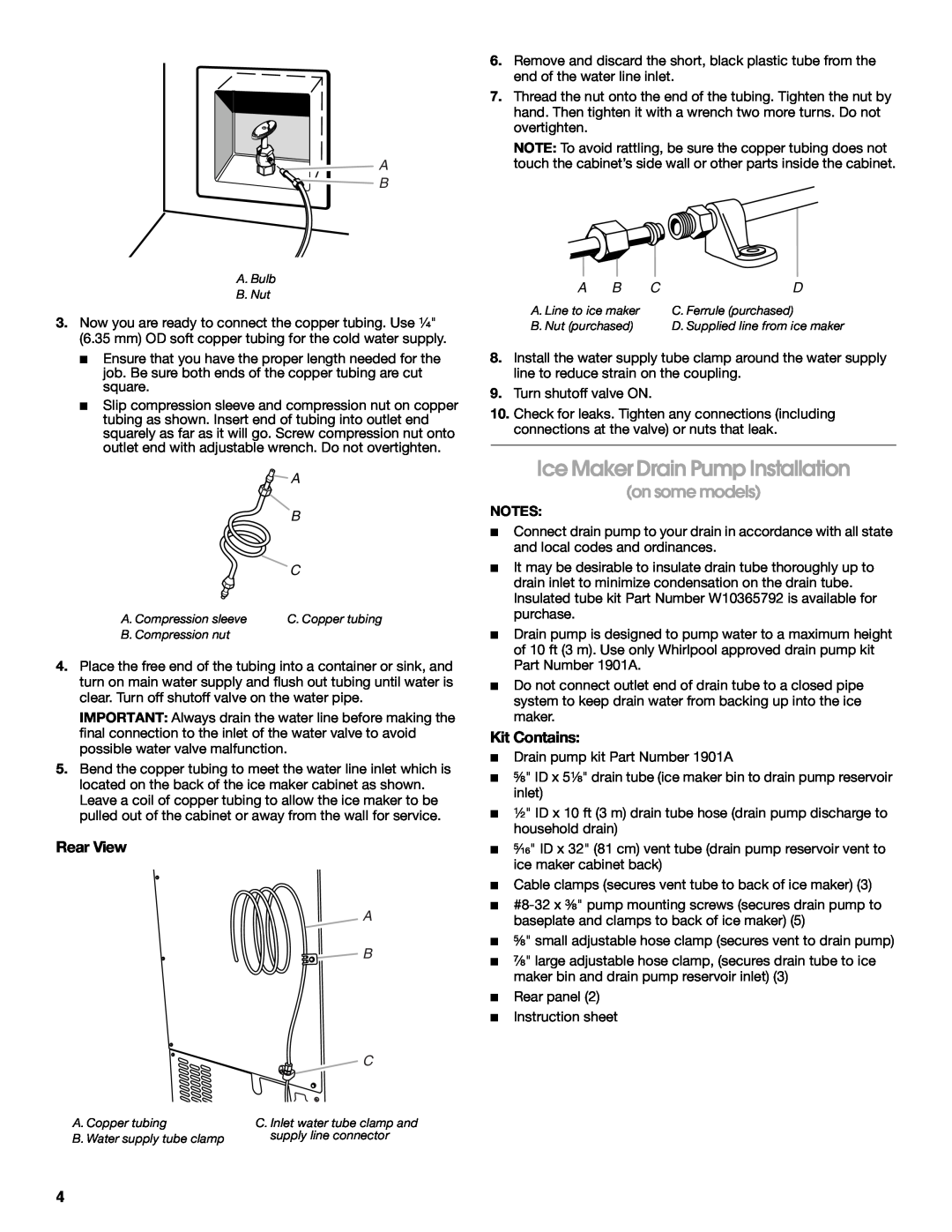 Whirlpool W10541636B Ice Maker Drain Pump Installation, on some models, Rear View, Kit Contains, A B C 