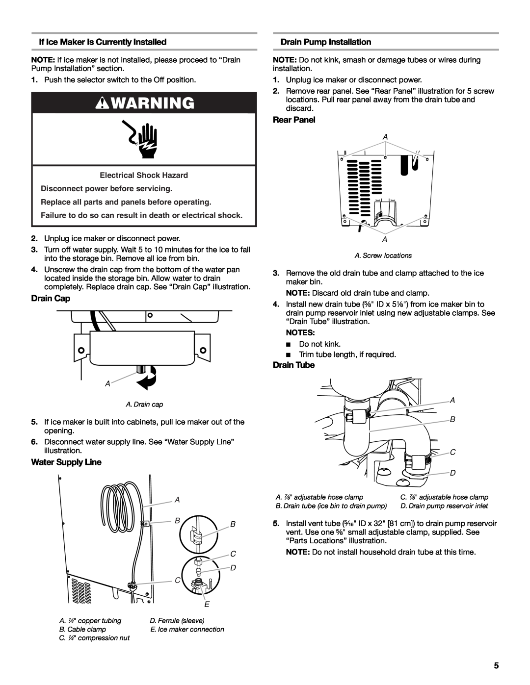Whirlpool W10541636B If Ice Maker Is Currently Installed, Drain Cap, Water Supply Line, Drain Pump Installation 
