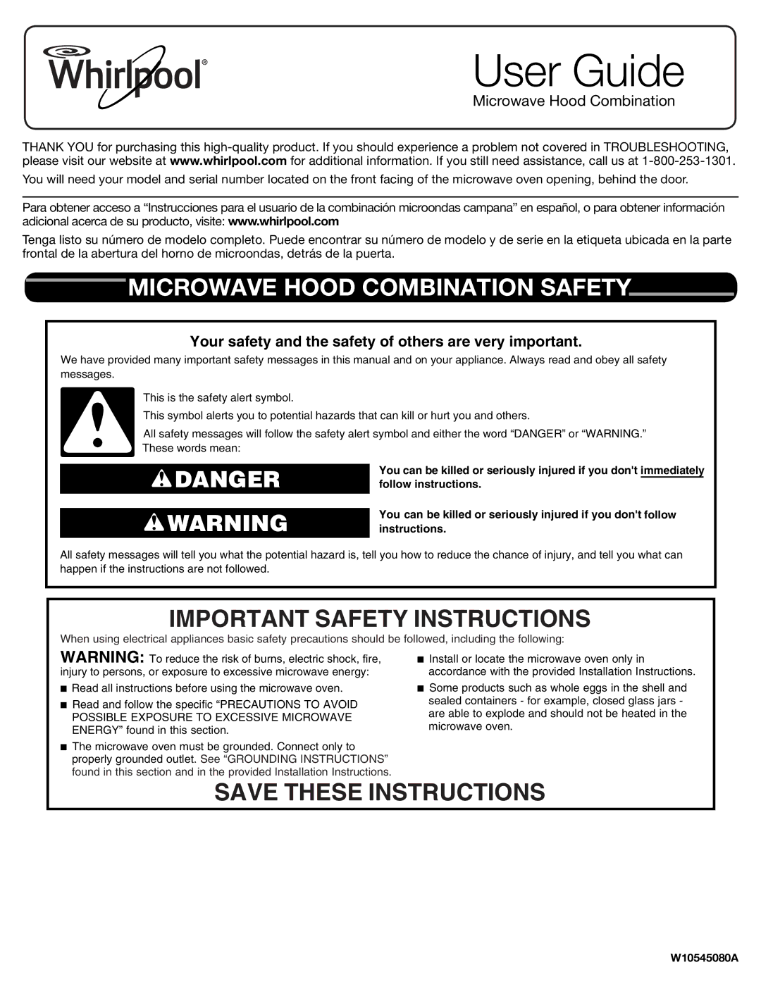 Whirlpool W10545080A important safety instructions Microwave Hood Combination Safety, Important Safety Instructions 