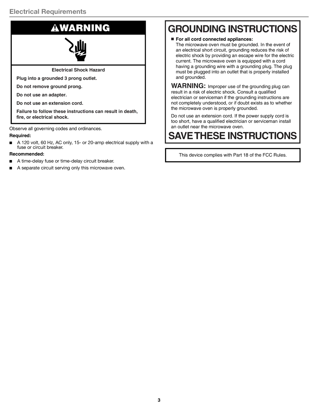 Whirlpool W10545080A important safety instructions Grounding Instructions, Electrical Requirements, Required, Recommended 