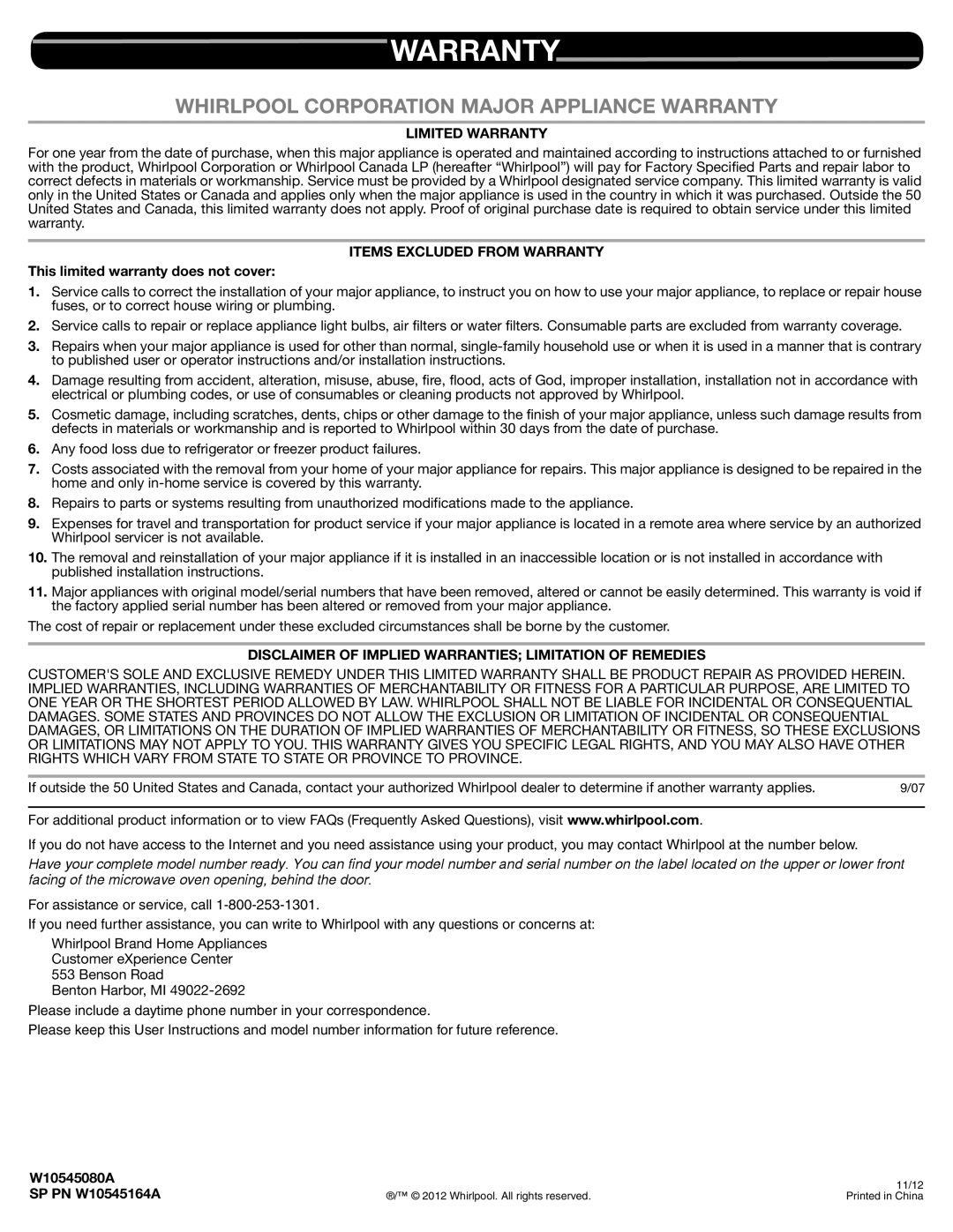 Whirlpool important safety instructions Warranty, This limited warranty does not cover, W10545080A SP PN W10545164A 
