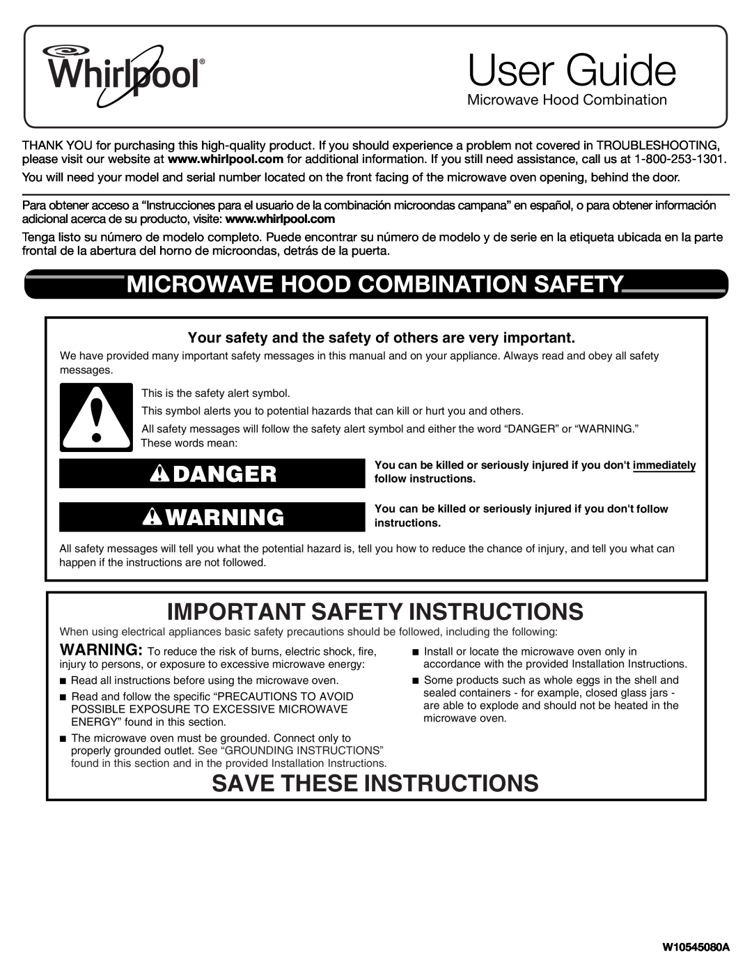 Whirlpool W10545080A important safety instructions Microwave Hood Combination Safety, Important Safety Instructions 