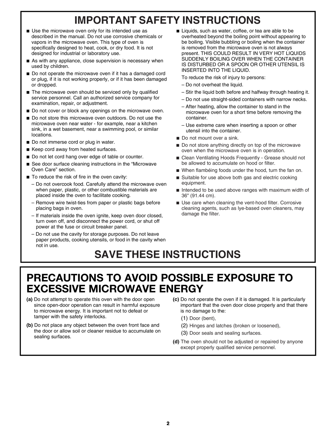 Whirlpool W10545080A Precautions To Avoid Possible Exposure To Excessive Microwave Energy, Important Safety Instructions 