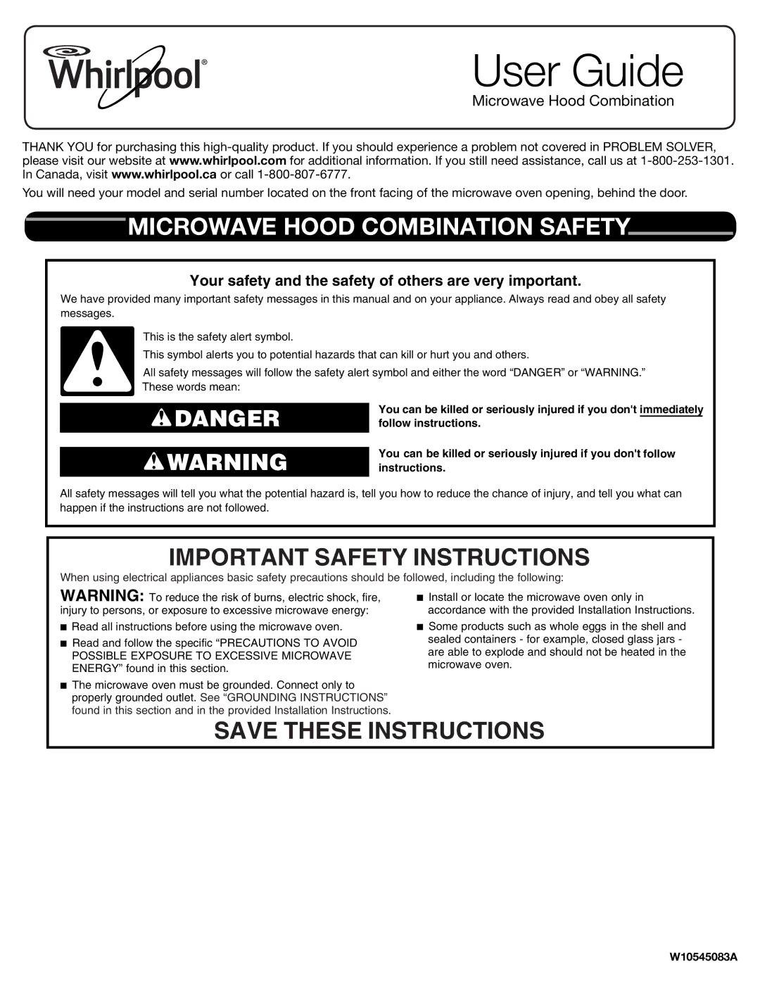 Whirlpool W10545083A important safety instructions Microwave Hood Combination Safety, Important Safety Instructions 