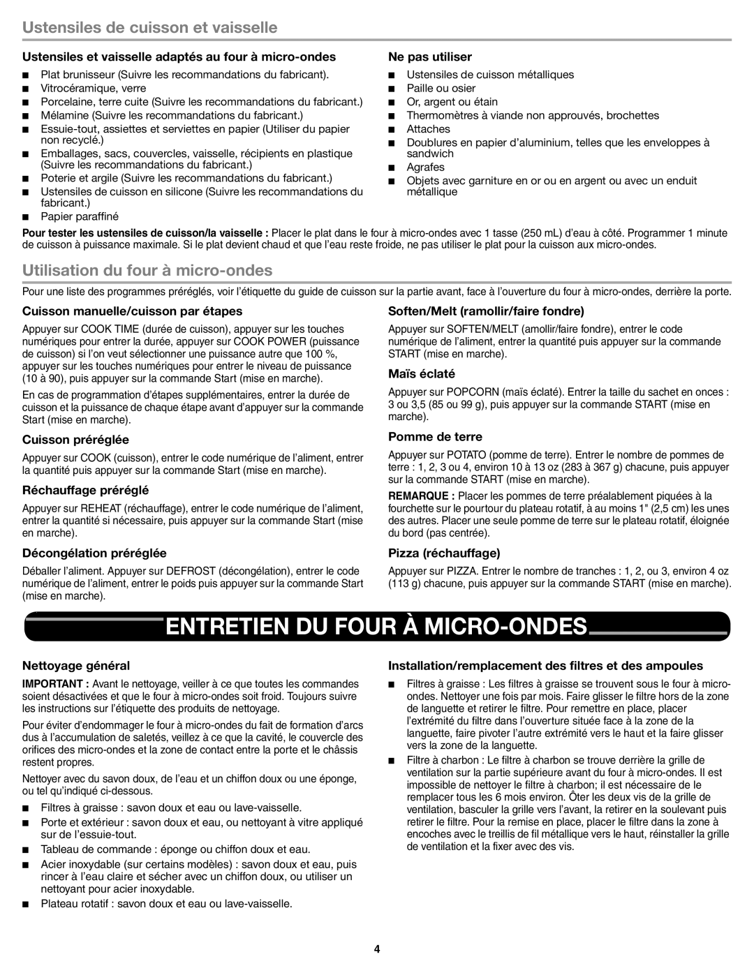 Whirlpool W10545083A important safety instructions Entretien DU Four À MICRO-ONDES, Ustensiles de cuisson et vaisselle 