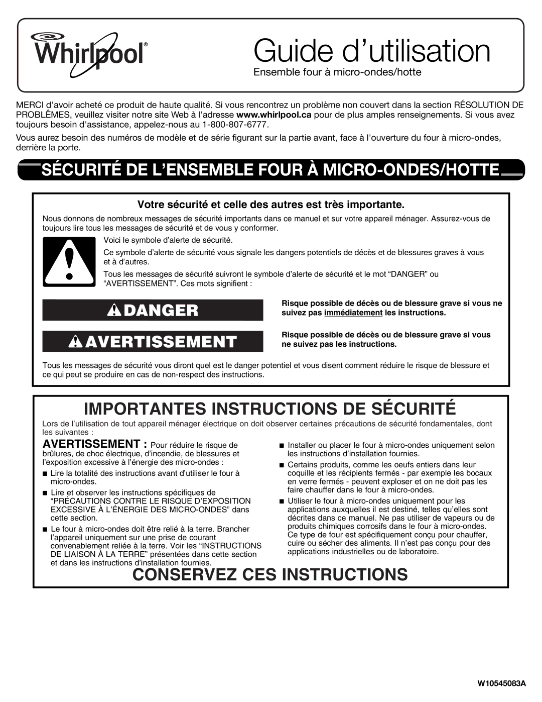 Whirlpool W10545083A Sécurité DE L’ENSEMBLE Four À MICRO-ONDES/HOTTE, Importantes Instructions DE Sécurité 