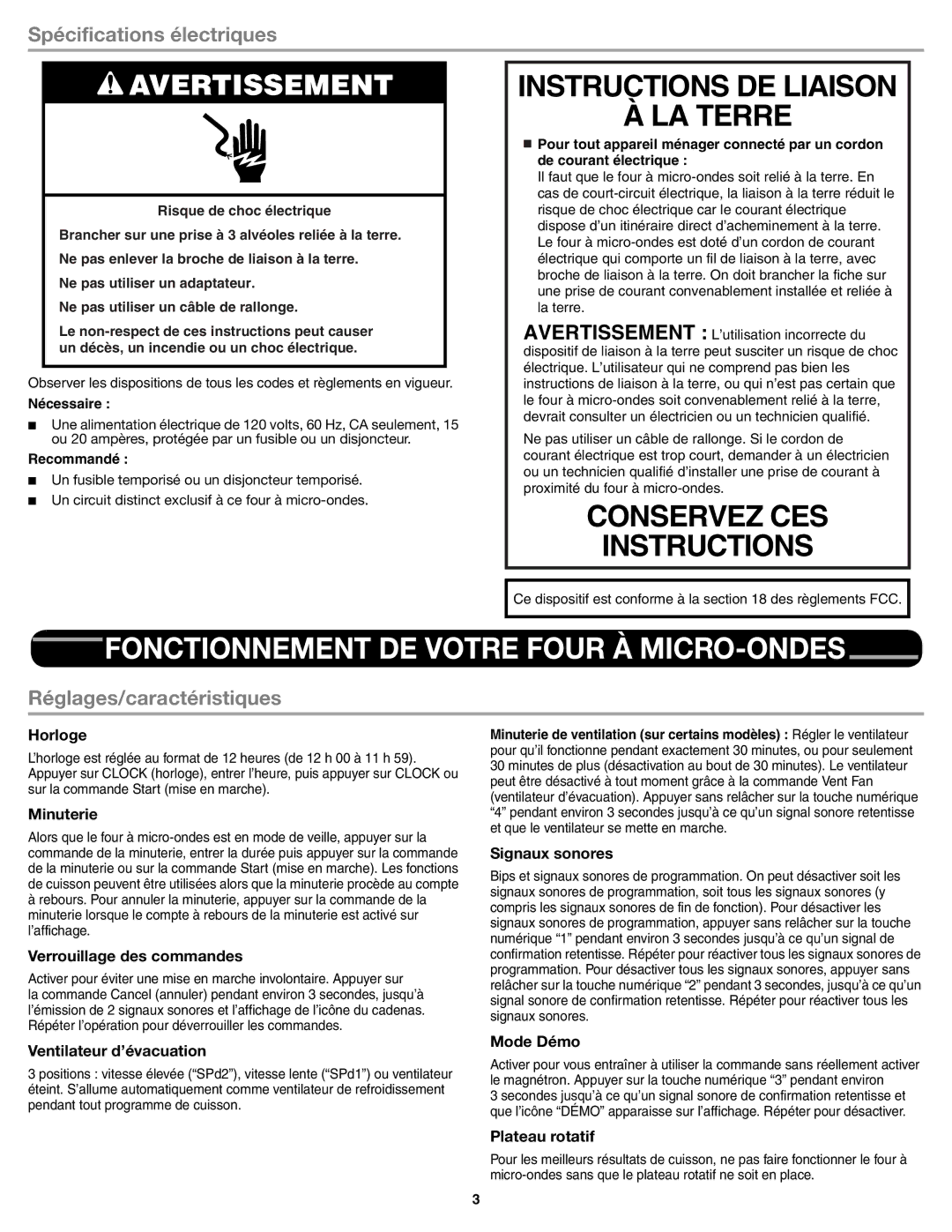 Whirlpool W10545083A Instructions DE Liaison LA Terre, Fonctionnement DE Votre Four À MICRO-ONDES 