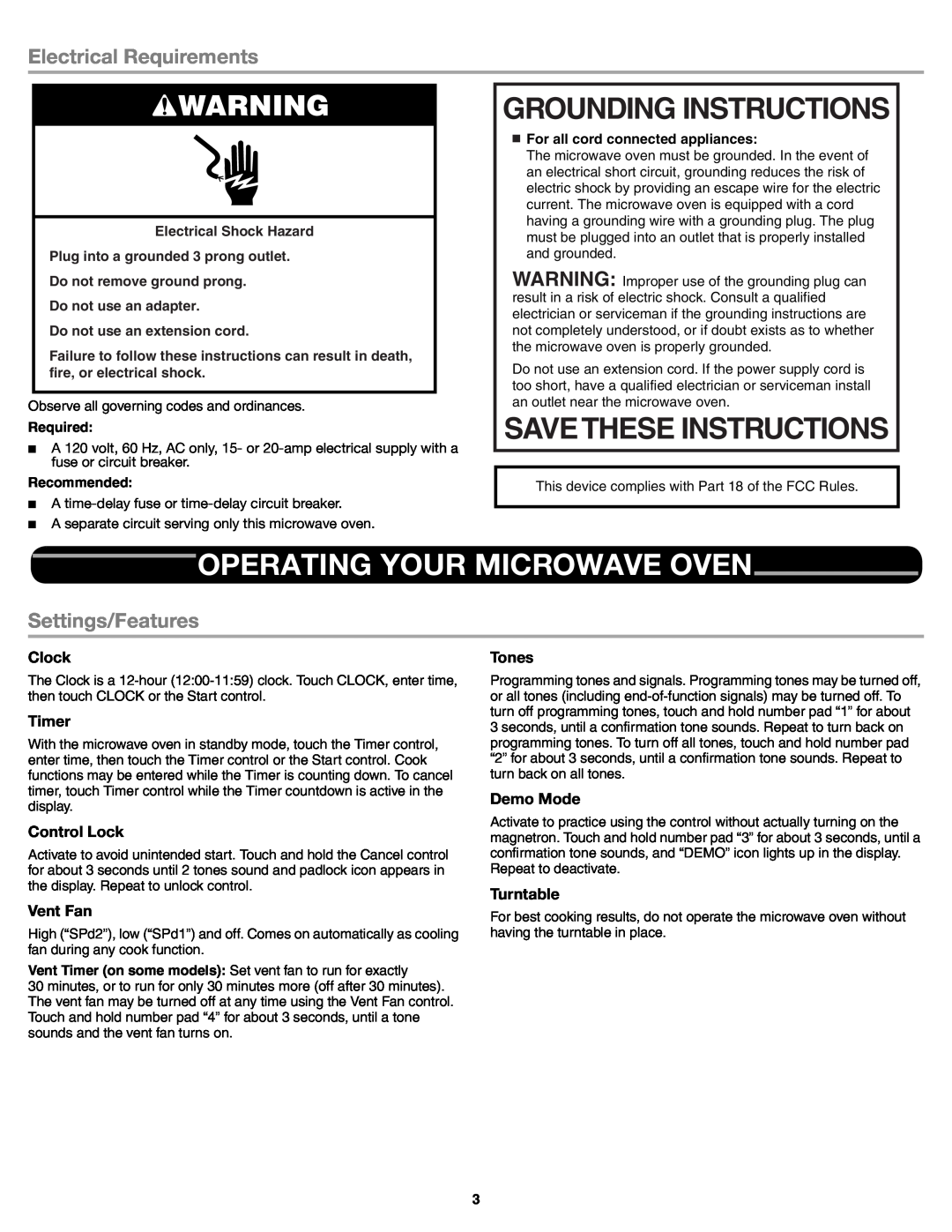 Whirlpool W10545083A Grounding Instructions, Operating Your Microwave Oven, Electrical Requirements, Settings/Features 