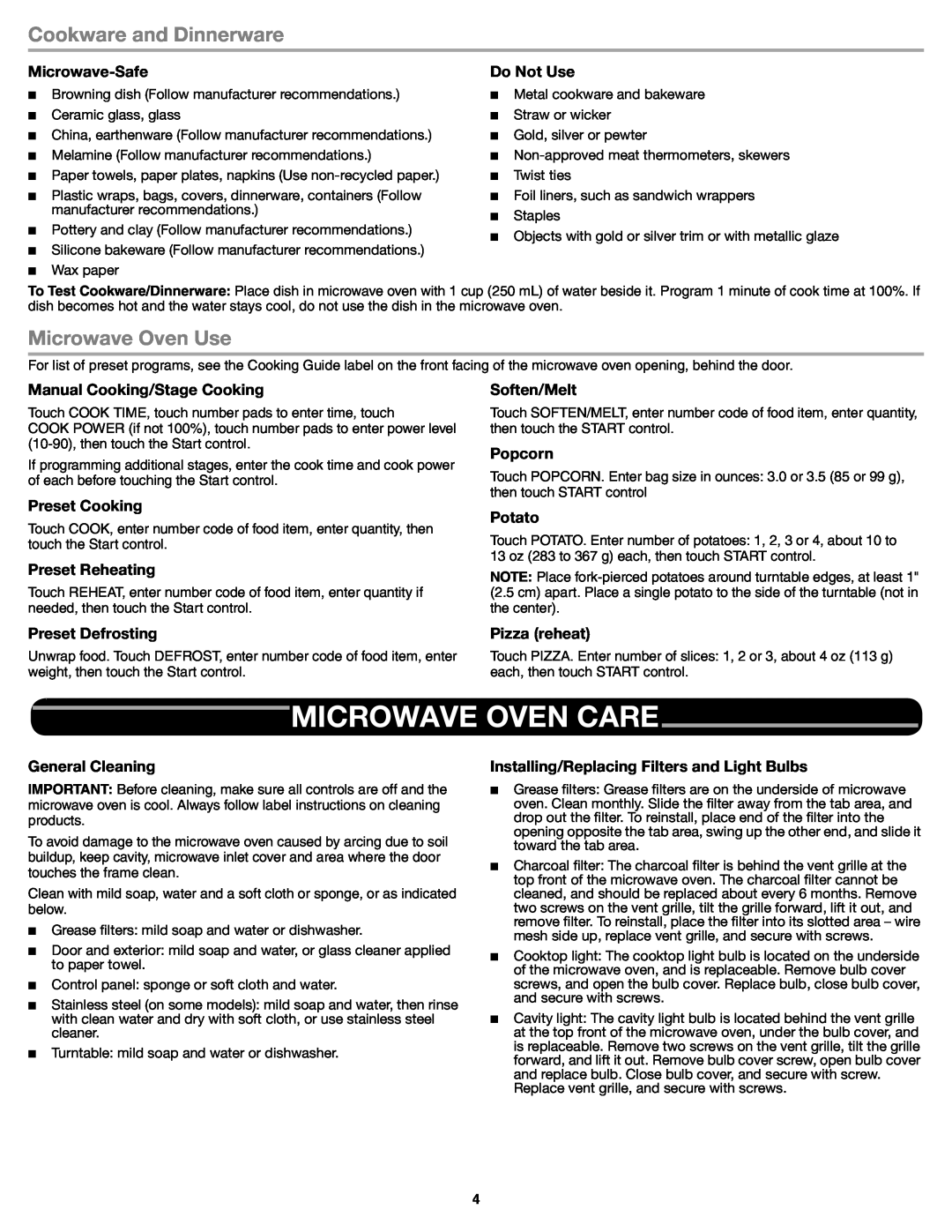 Whirlpool W10545083A important safety instructions Microwave Oven Care, Cookware and Dinnerware, Microwave Oven Use 