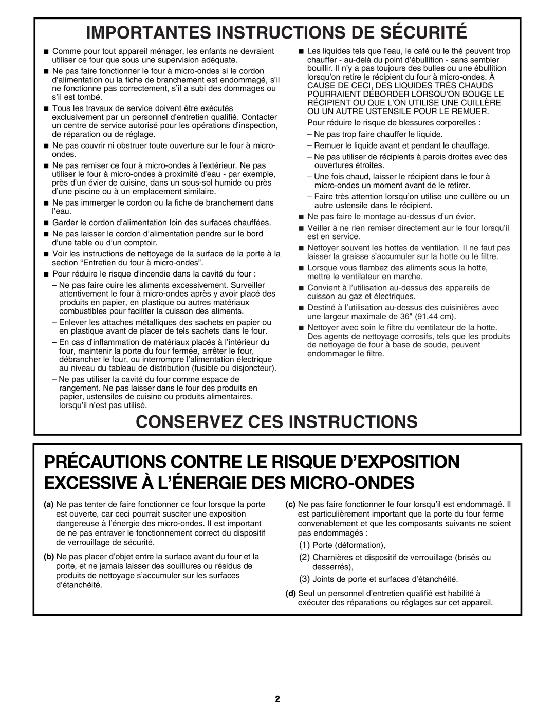 Whirlpool W10545083A important safety instructions Importantes Instructions De Sécurité, Conservez Ces Instructions 