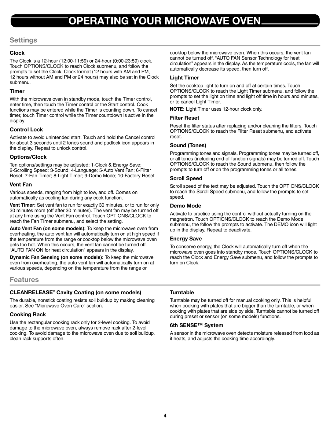 Whirlpool W10545084A important safety instructions Operating Your Microwave Oven, Settings, Features 