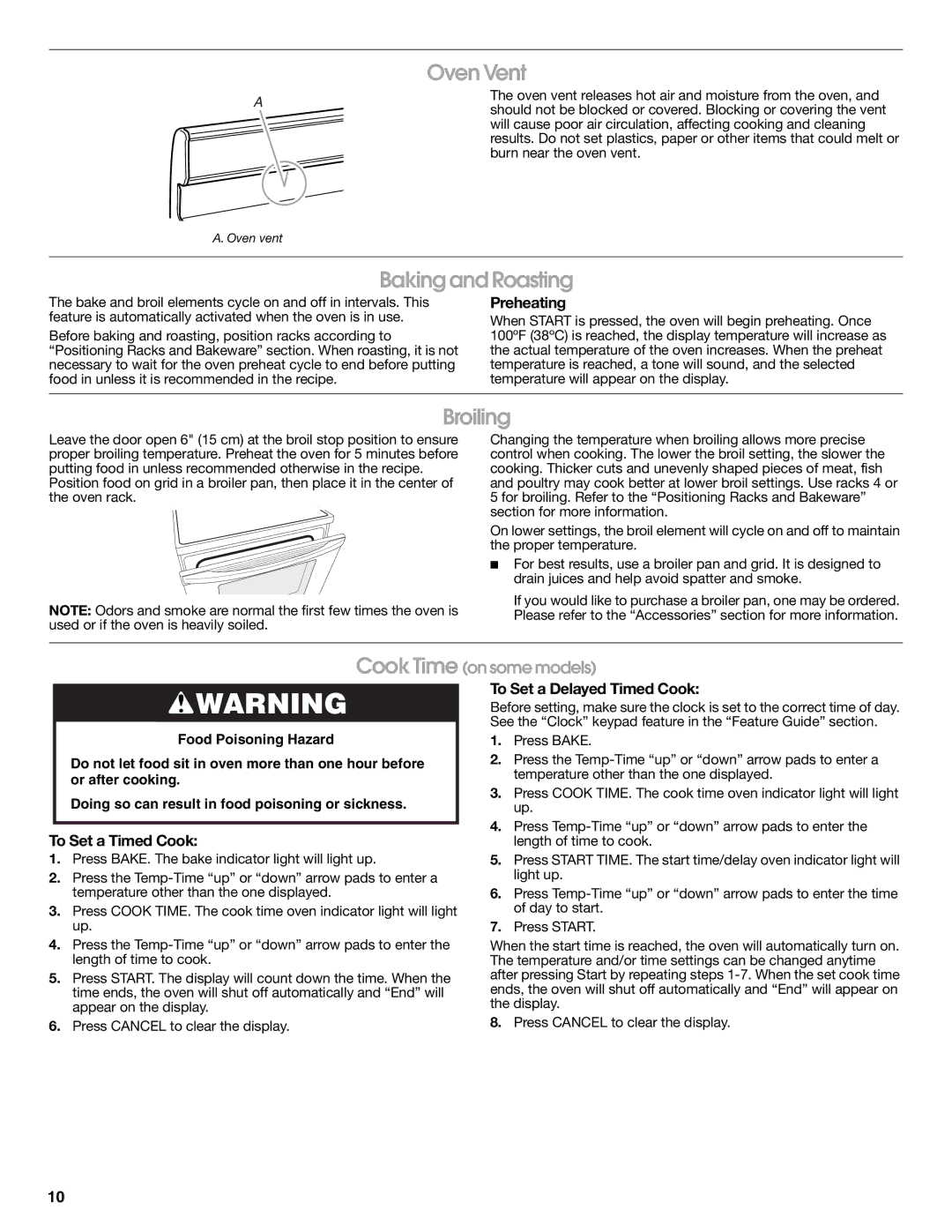 Whirlpool W10545225B warranty Oven Vent, Baking and Roasting, Broiling 