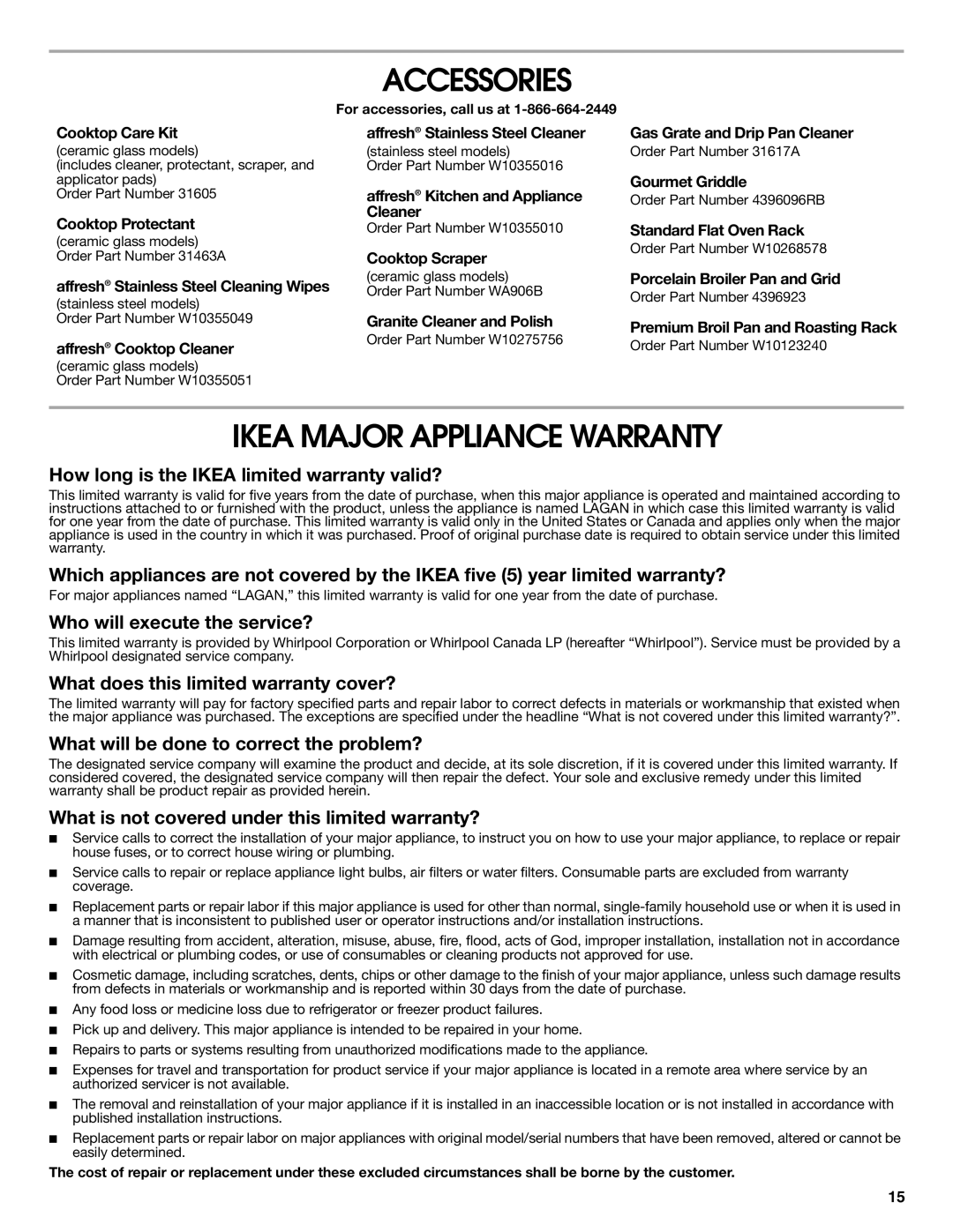 Whirlpool W10545225B warranty Accessories, Ikea Major Appliance Warranty 