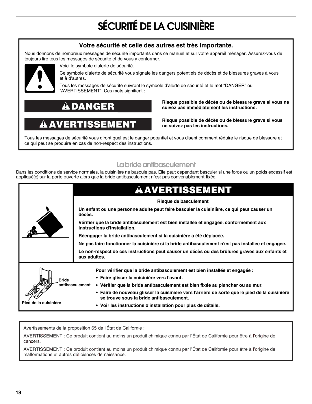 Whirlpool W10545225B warranty Sécurité DE LA Cuisinière, La bride antibasculement 