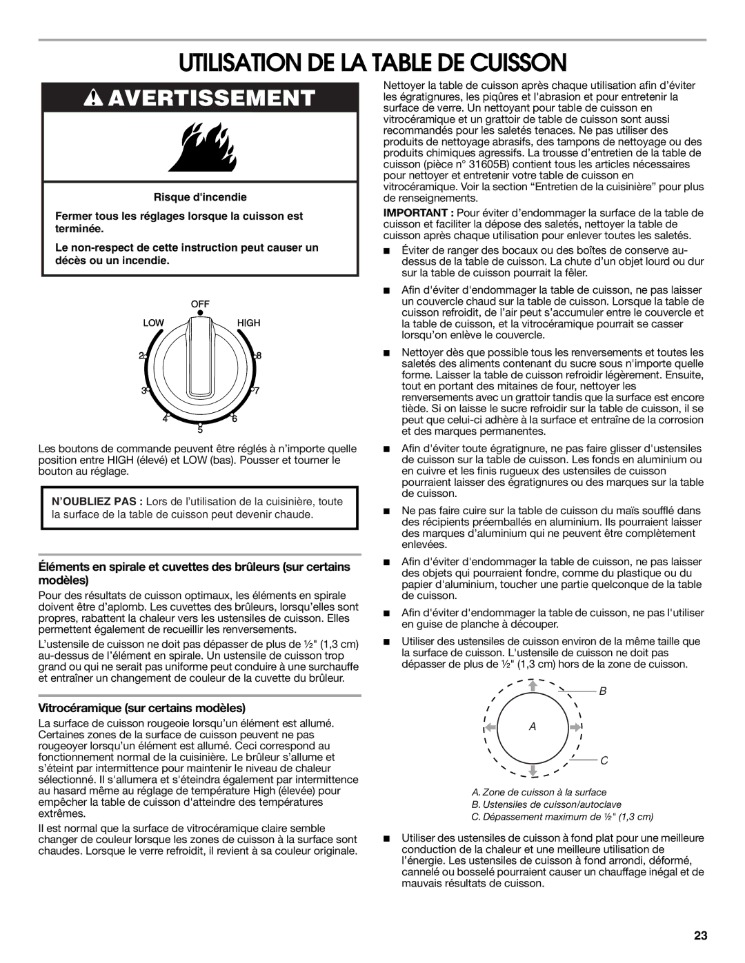 Whirlpool W10545225B warranty Utilisation DE LA Table DE Cuisson, Vitrocéramique sur certains modèles 