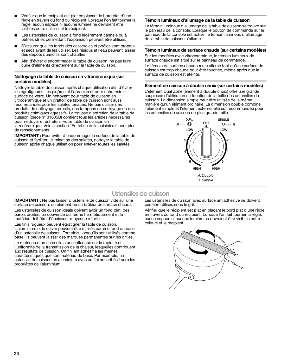 Whirlpool W10545225B warranty Ustensiles de cuisson, Témoin lumineux dallumage de la table de cuisson 