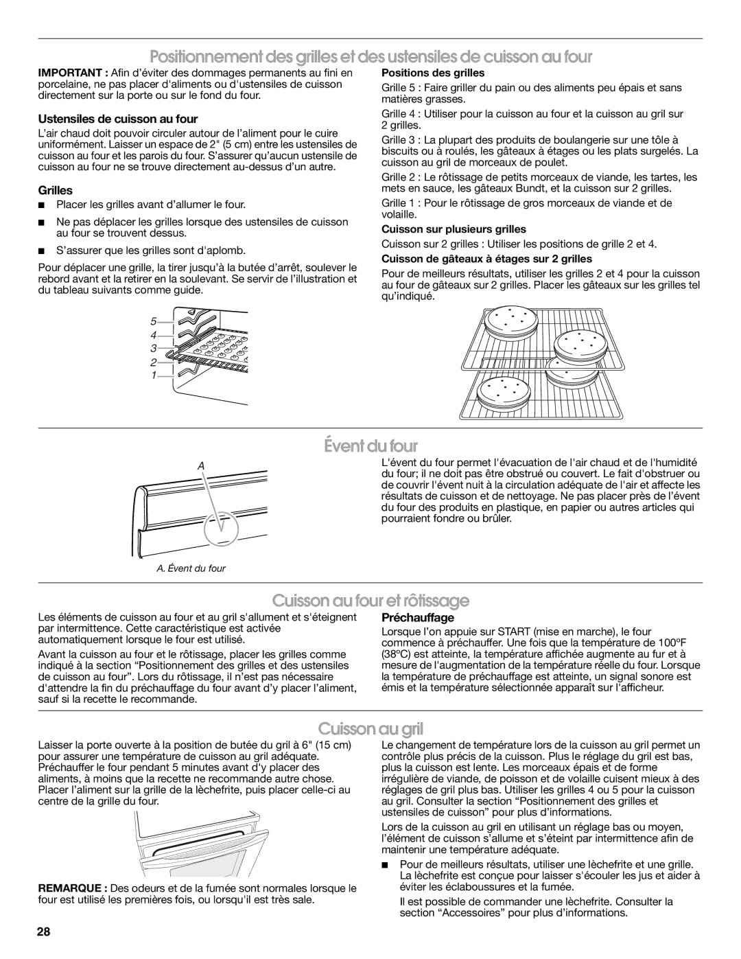 Whirlpool W10545225B warranty Évent du four, Cuisson au four et rôtissage, Cuisson au gril 